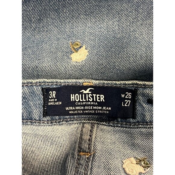 Hollister Ultra High Rise Mom Jeans 3 26 X 27Embroidery Flower Denim Zip EUC - Picture 7 of 9